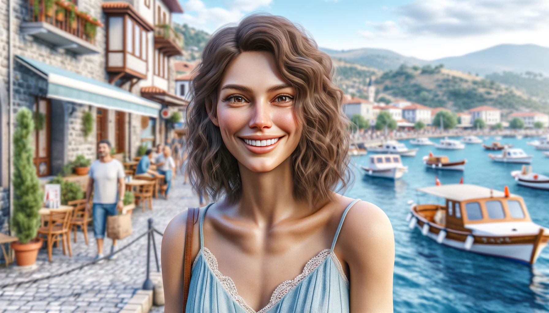 a smiling woman in a scenic seaside town in Turkey. She has shoulder-length curly brown hair and wears a light blue sundress. 