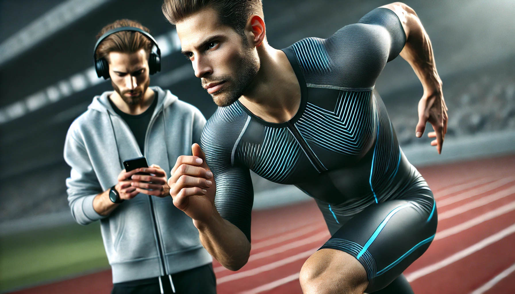 An athlete running with intense focus, while his coach stands nearby, staring at his phone, with both the background and the coach slightly blurred.