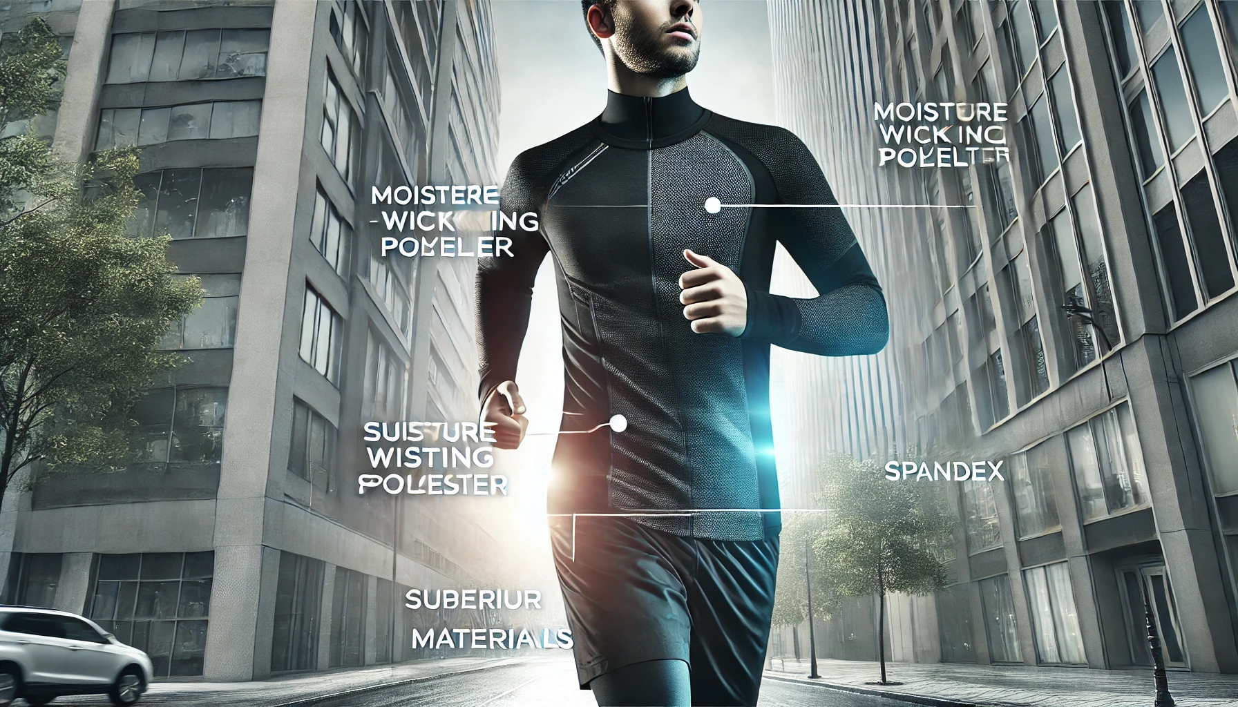 a runner wearing high-performance sportswear, focusing on the advanced materials.