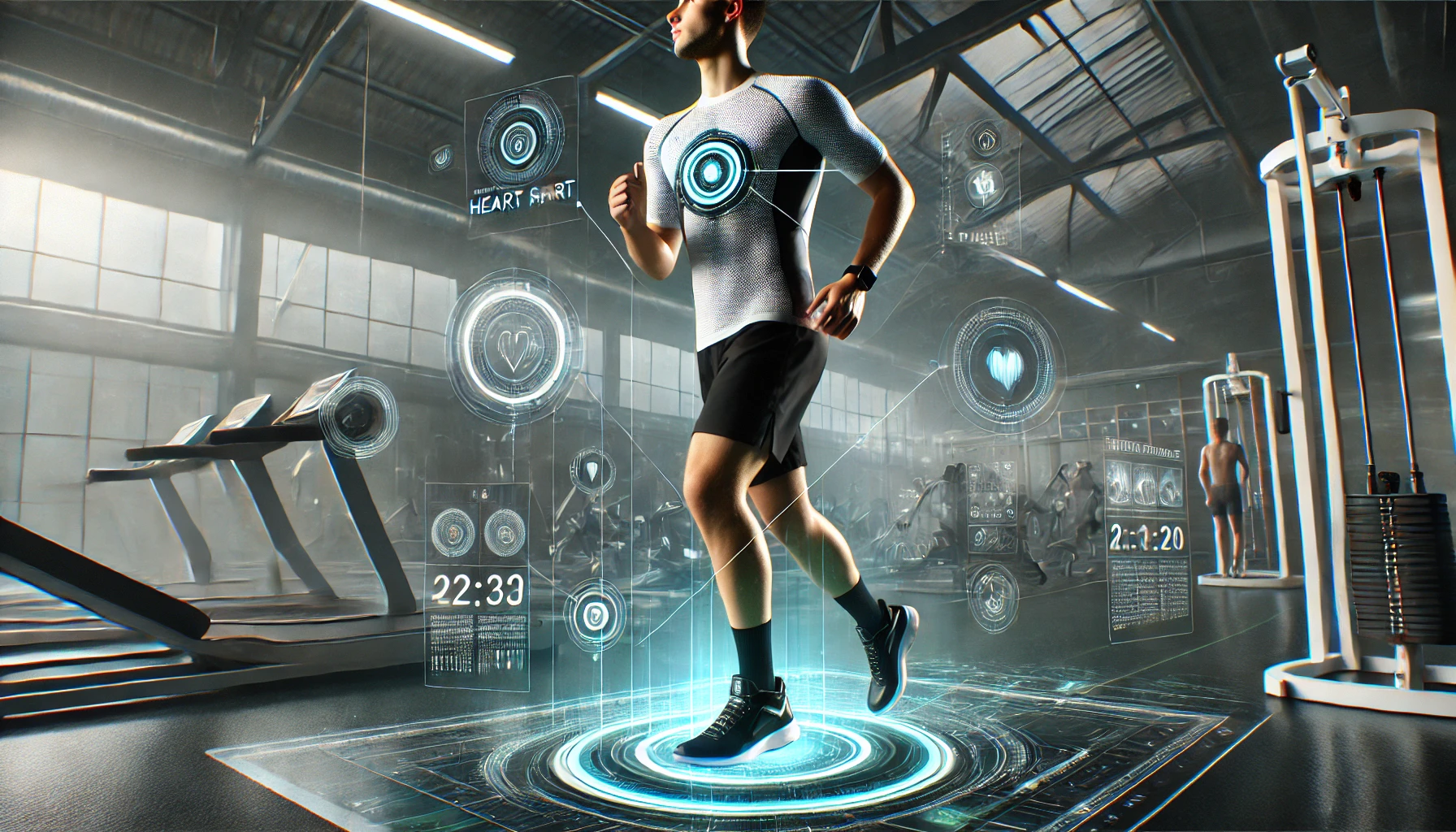 the integration of wearable technology in modern sportswear, featuring an athlete in a futuristic training environment.