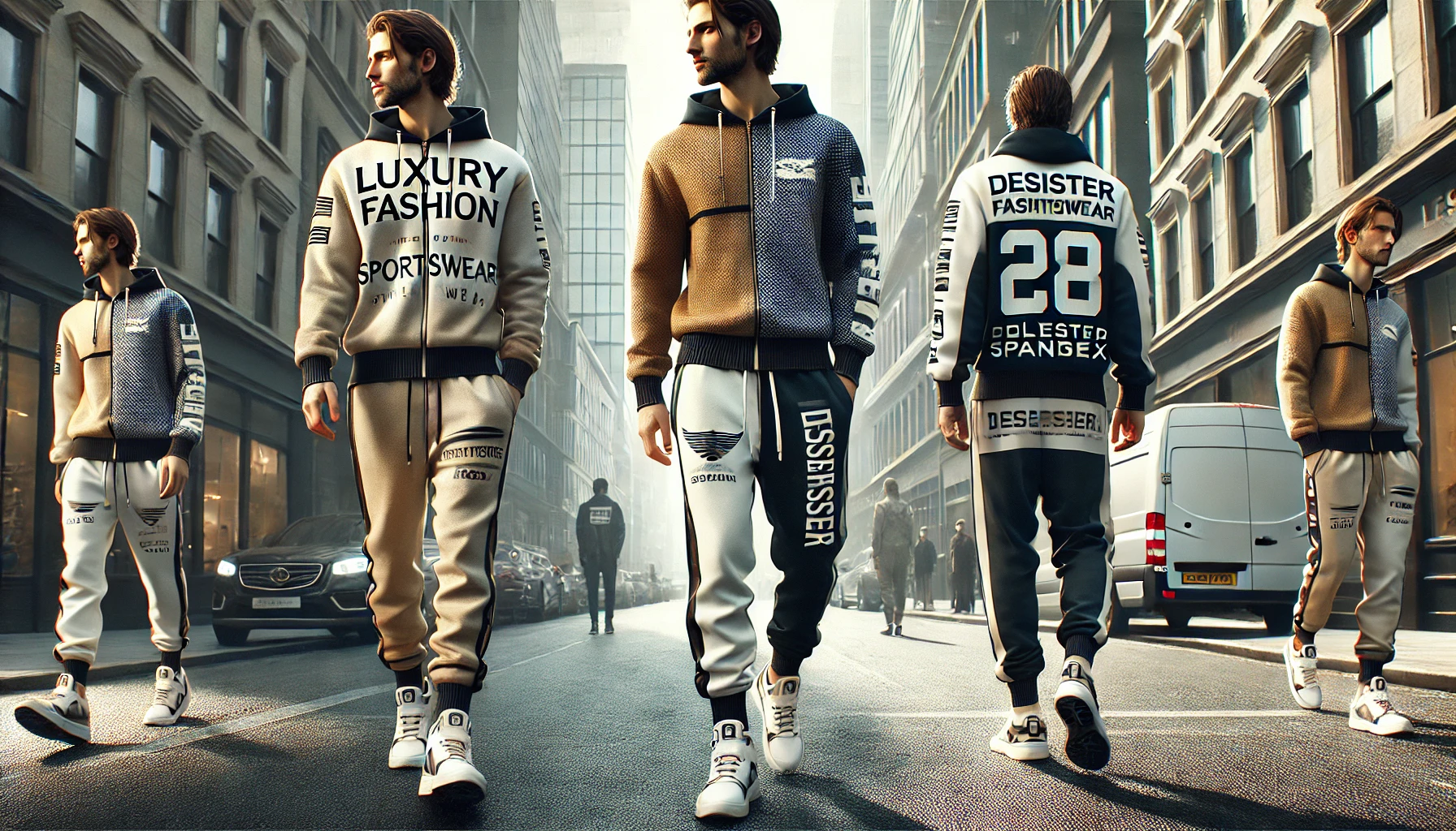 the blend of high fashion and sportswear on a city street, illustrating a model wearing a luxury athleisure outfit that includes pieces from collaborations between high-end fashion houses and traditional sportswear brands.