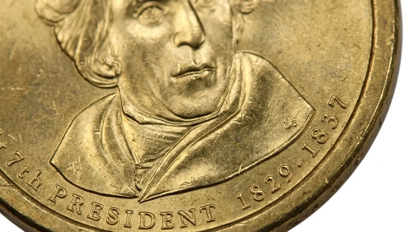 Andrew Jackson $1 coin extreme close-up highlighting portrait and date