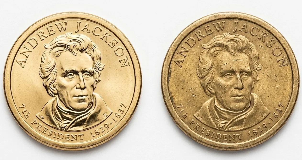 two Andrew Jackson $1 coins showing different preservation levels