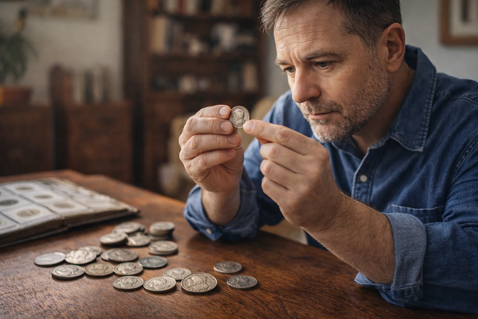 A collector carefully examines a 1947 Jefferson nickel under natural light, comparing it with other circulated examples.