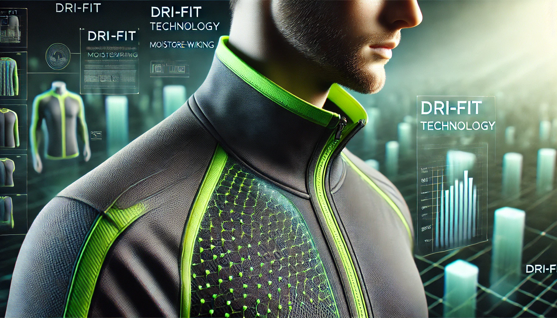 a high-tech sports jacket with Dri-FIT technology, shown in a close-up to highlight the advanced moisture-wicking fabric