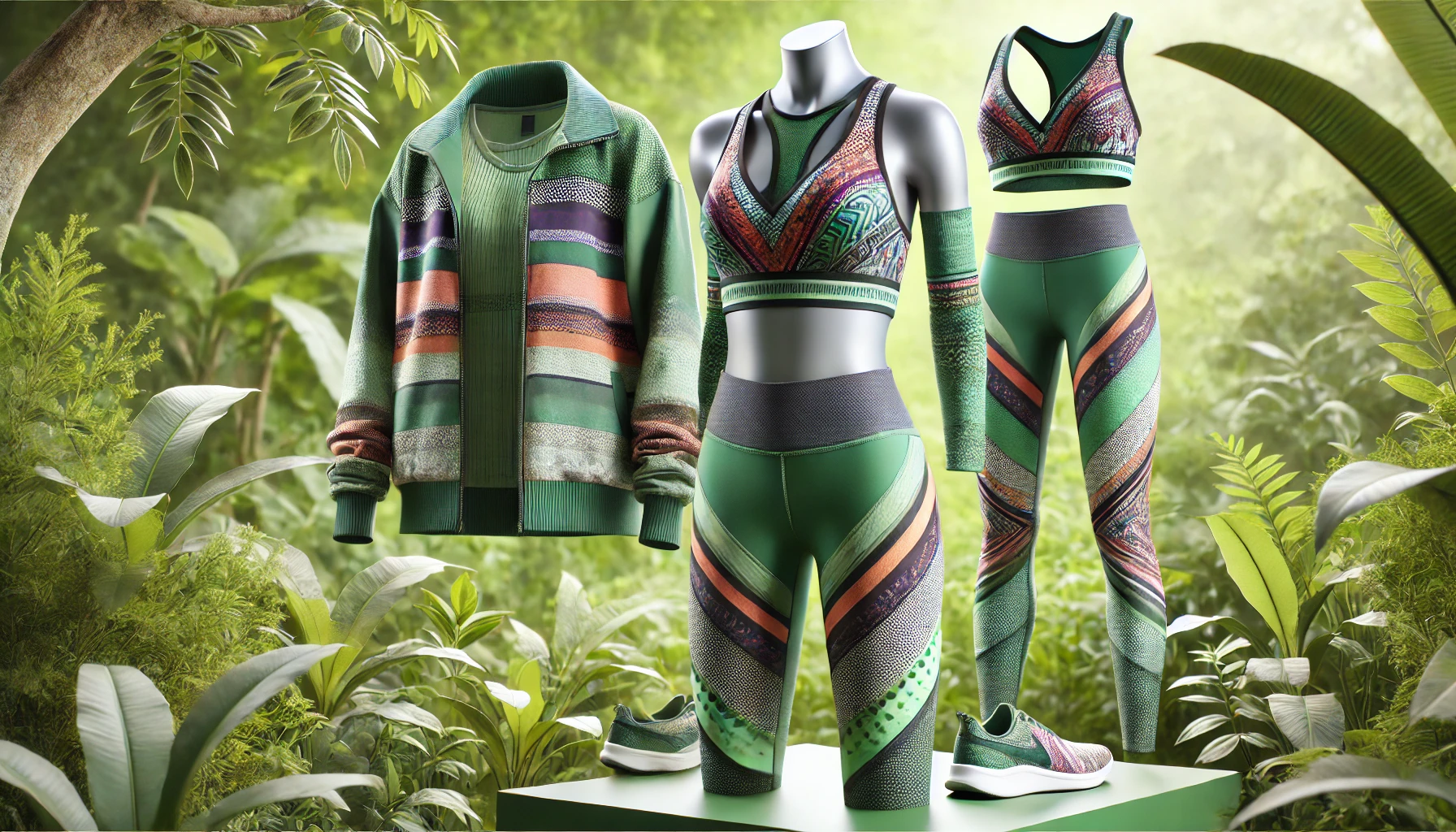 eco-friendly sportswear, featuring a set of stylish athletic clothing made from sustainable materials such as recycled polyester and organic cotton