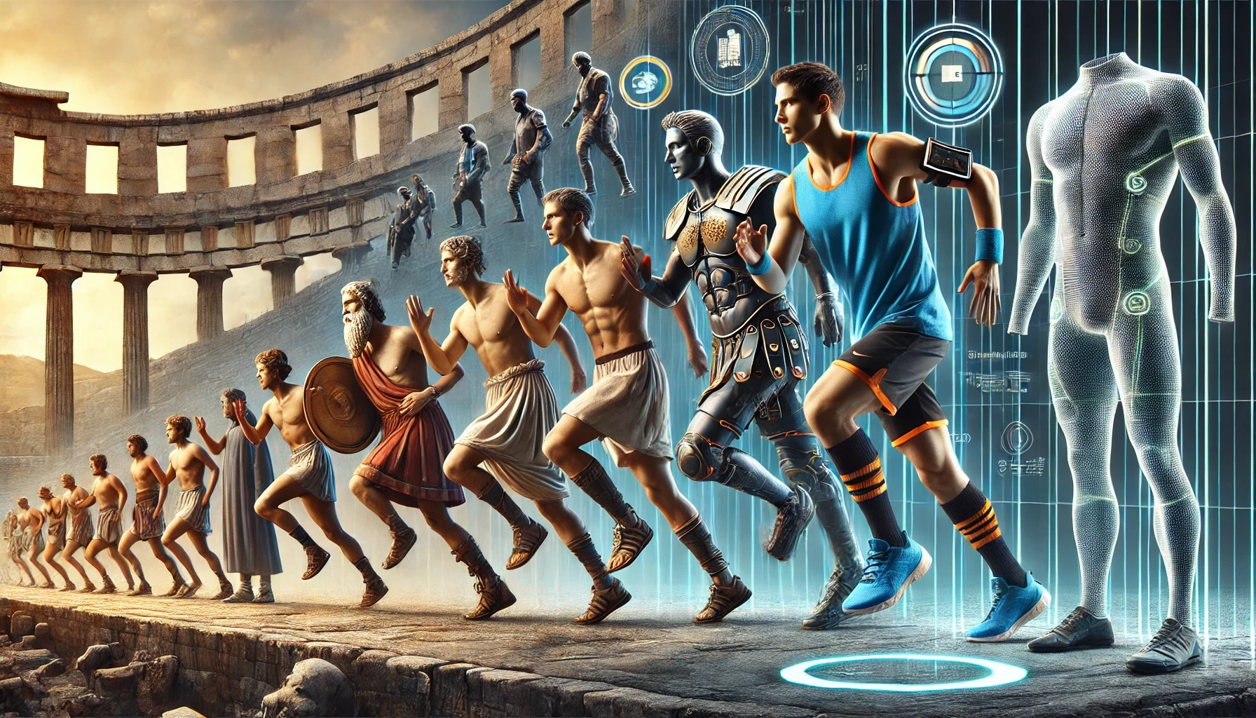 The conceptual futuristic picture of the evolution of sportswear from ancient times to modern high-tech designs. 