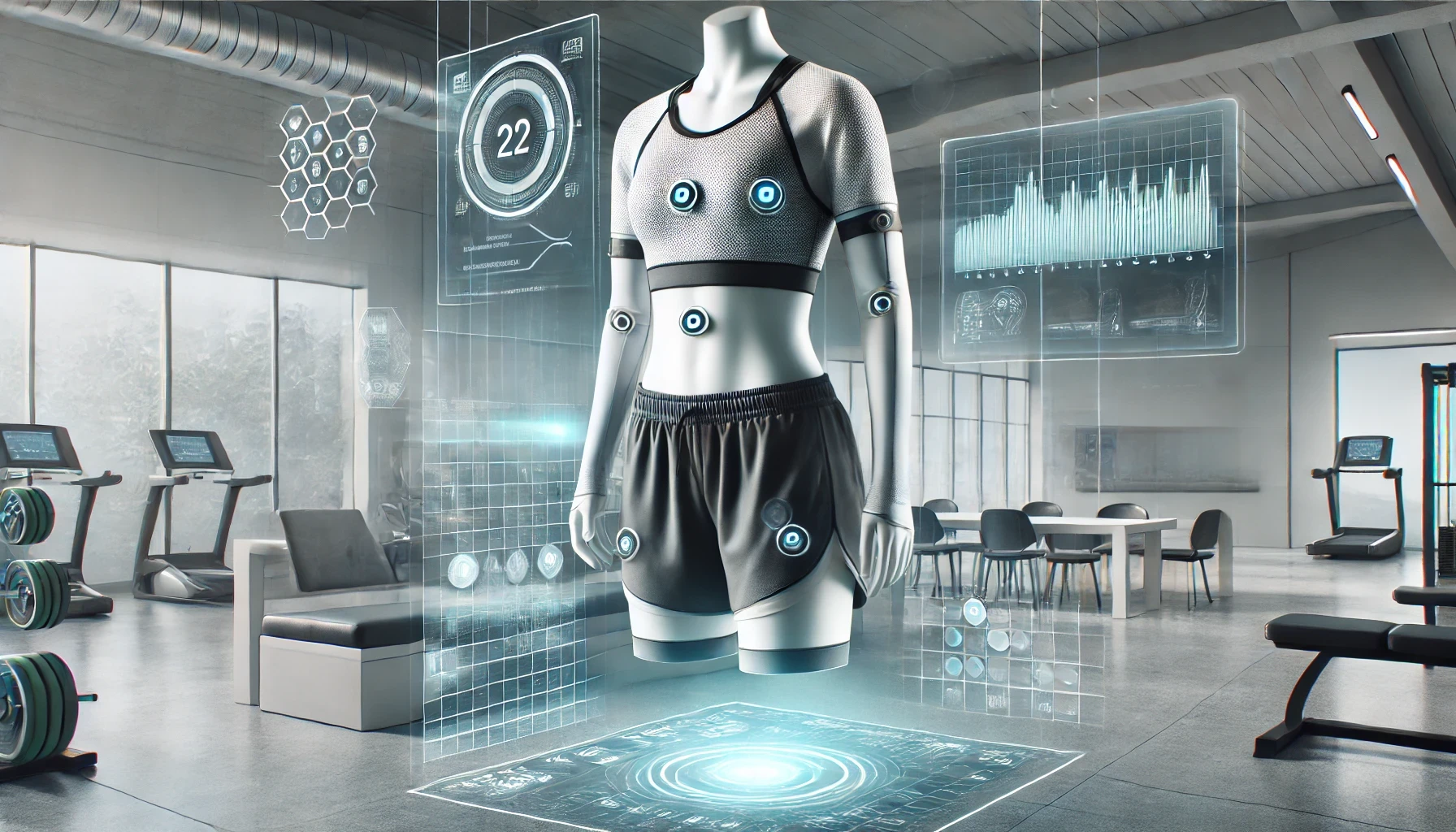 Modern sportswear displayed in a high-tech setting.